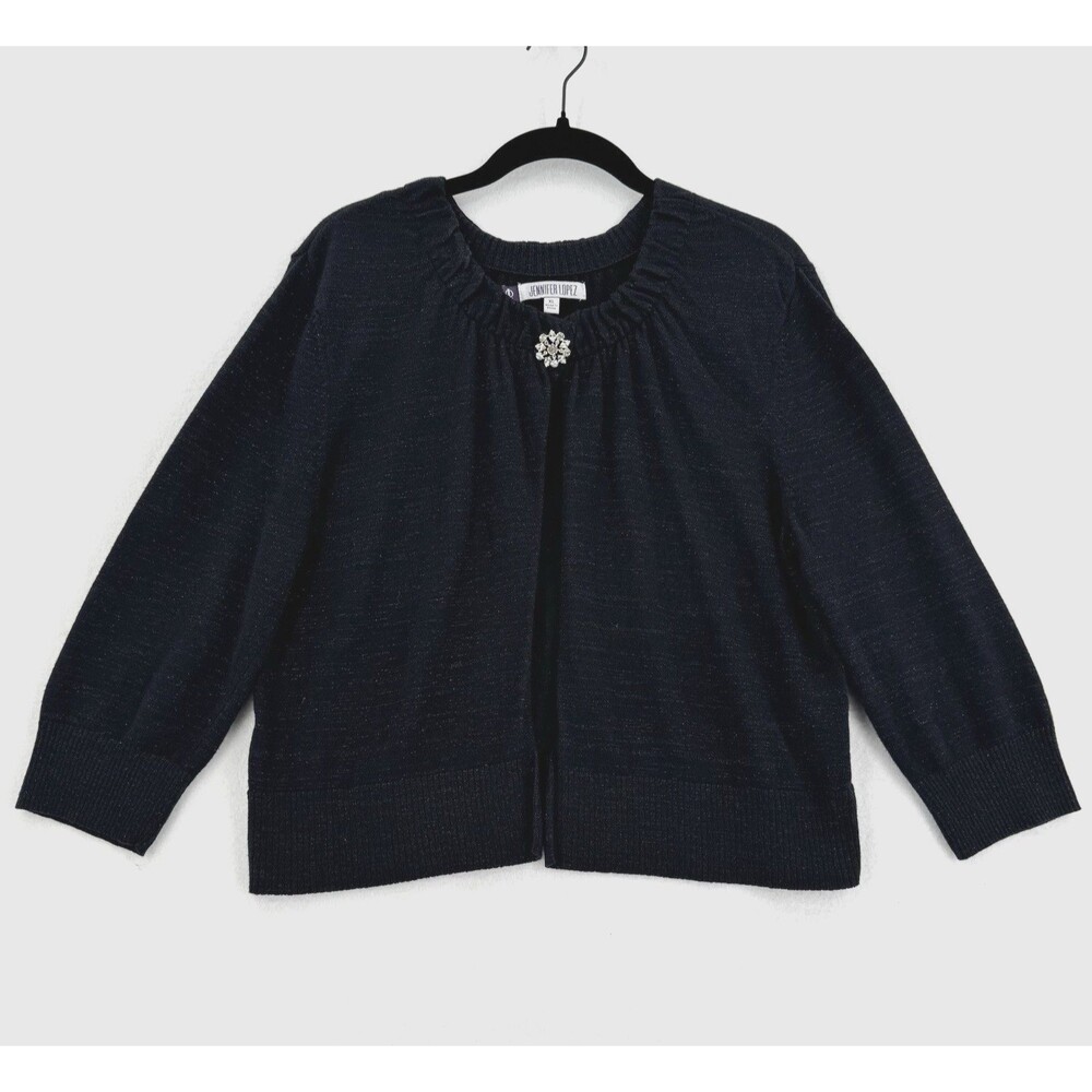 Jennifer Lopez Cardigan XL Black Metallic Sparkle Rhinestone Brooch 3/4 Sleeve